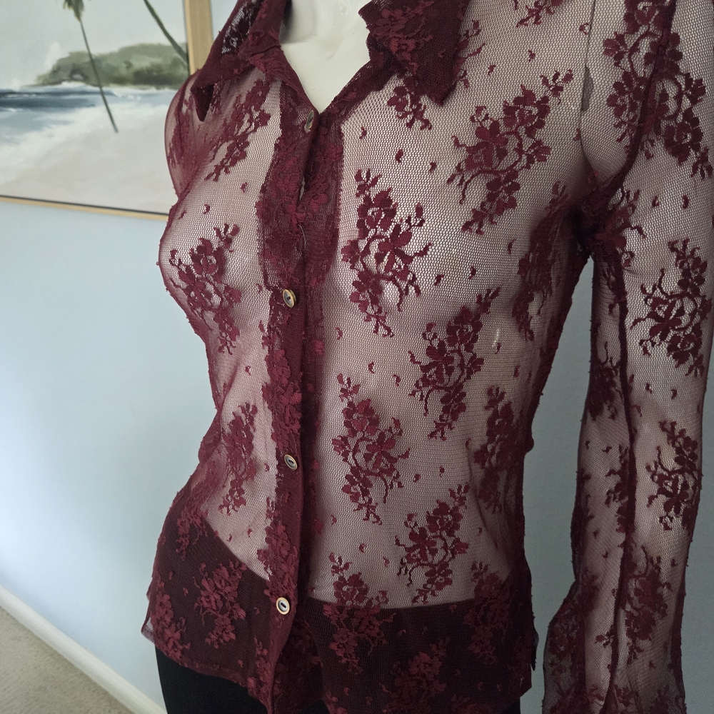Petro Zillia Sexy Dark Red Lace Button Down Blouse Size S